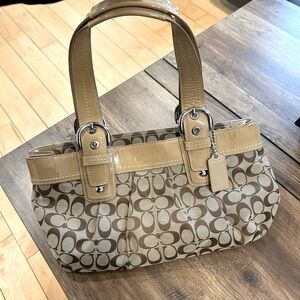 COACH F13743 Soho Pleated Tote Signature C Brown Jacquard Leather Shoulder Bag